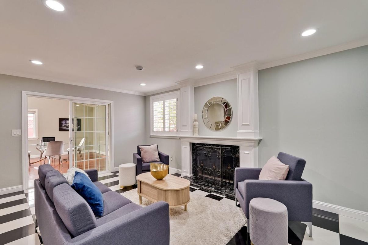 Dining room, Fireplace, Interior, Living room, Recessed Lighting