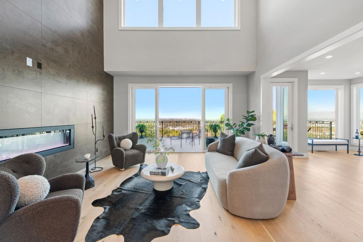 Fireplace, Interior, Living room, Recessed Lighting, Water, Wood Texture Flooring