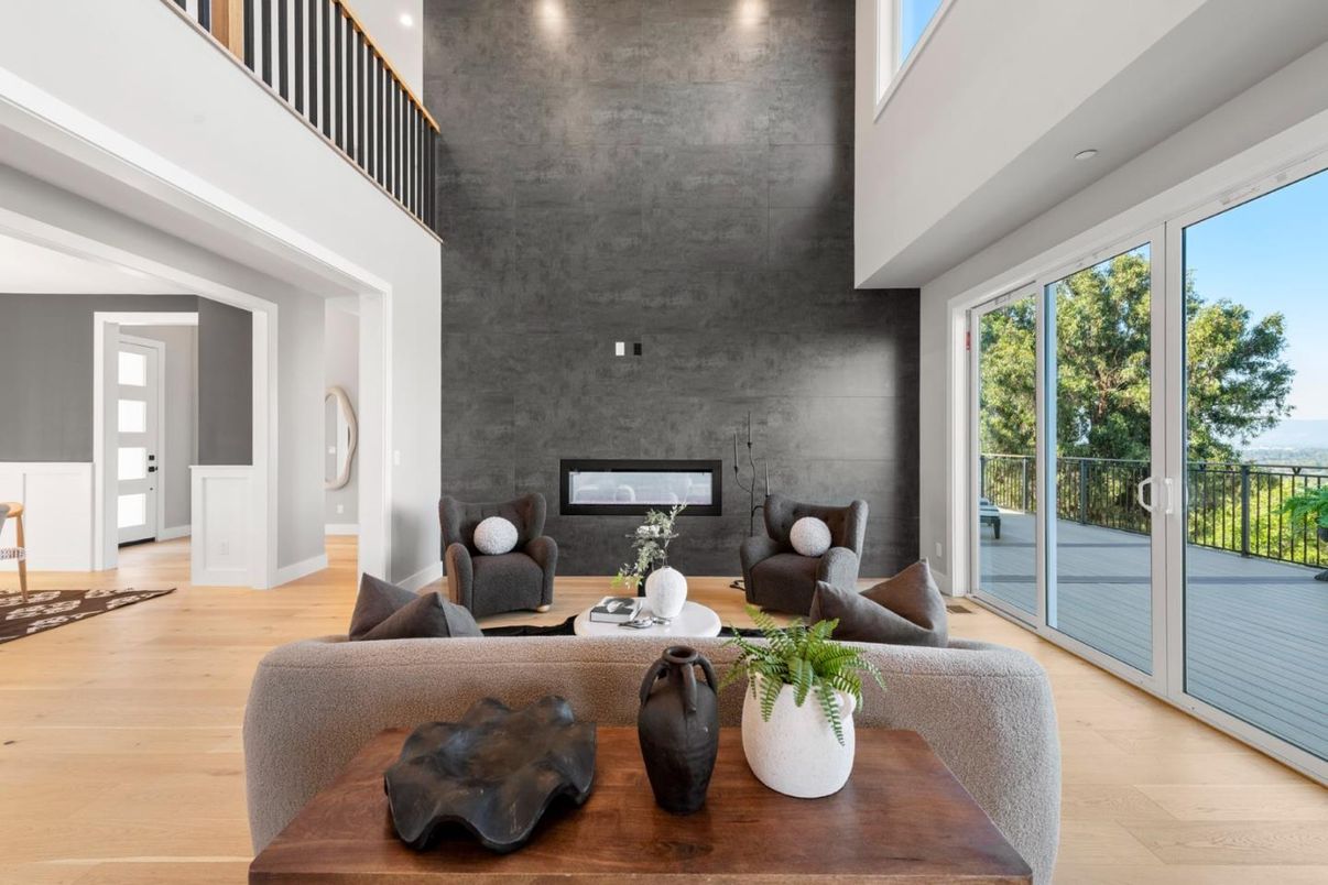 Fireplace, Interior, Living room, Stone Walls, Water, Wood Texture Flooring