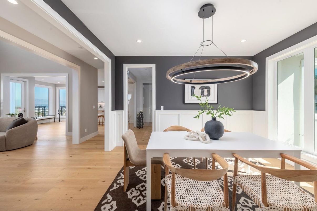 Dining room, Interior, Pendant Lights, Recessed Lighting, Wood Texture Flooring
