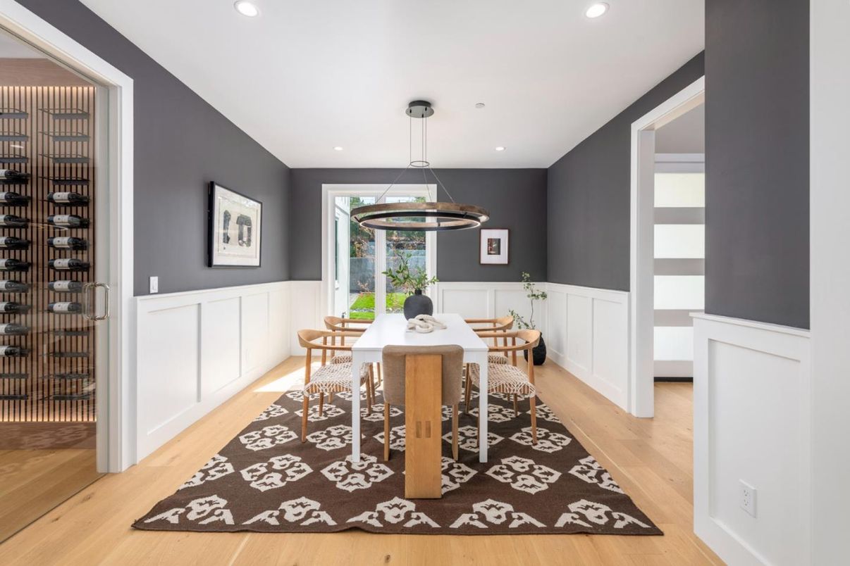 Dining room, Interior, Pendant Lights, Recessed Lighting, Wood Texture Flooring