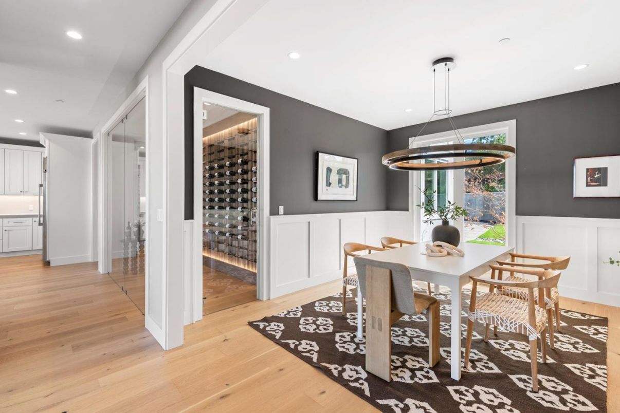 Dining room, Interior, Pendant Lights, Recessed Lighting, Wine Storage, Wood Texture Flooring