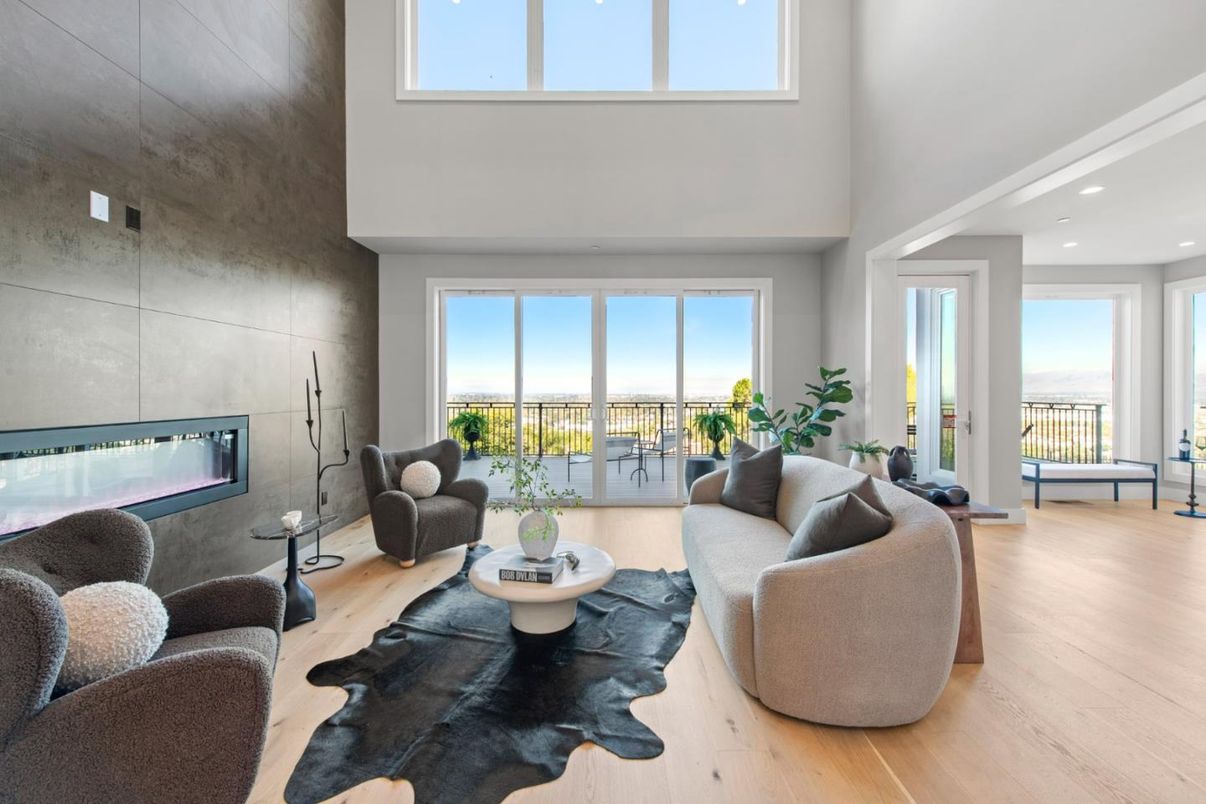 Fireplace, Interior, Living room, Recessed Lighting, Water, Wood Texture Flooring