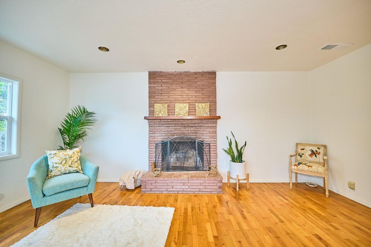 Fireplace, Interior, Recessed Lighting, Stone Walls, Wood Texture Flooring