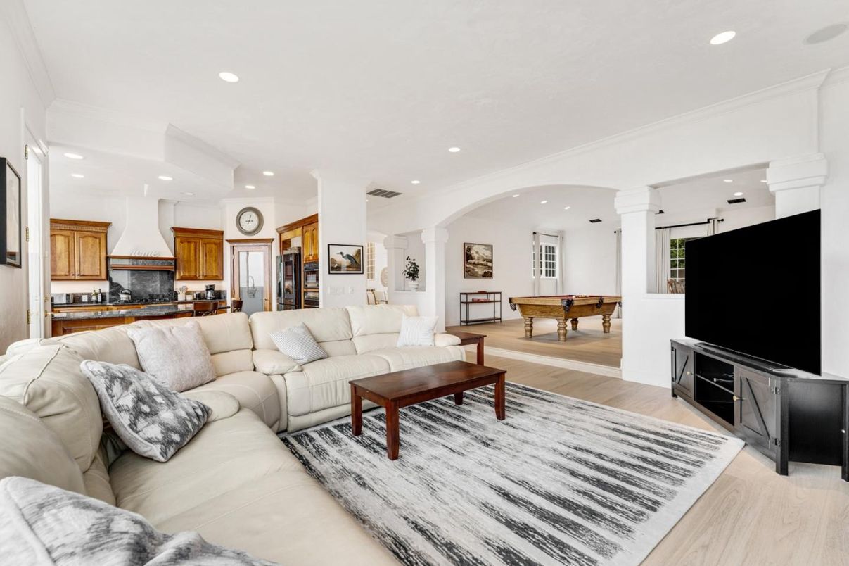 Billiard Table, Game Room, Interior, Kitchen, Living room, Recessed Lighting, Wood Texture Flooring