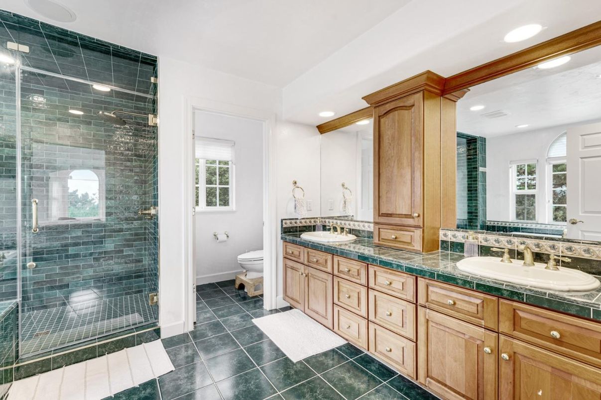 Bathroom, Dual Sink Vanities, Glass Shower, Interior, Recessed Lighting, Tile Countertops