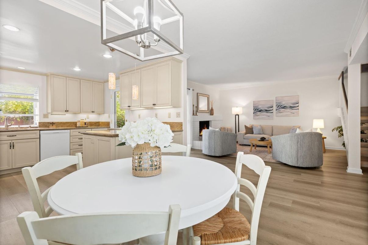 Dining room, Fireplace, Interior, Kitchen, Living room, Pendant Lights, Recessed Lighting, Wood Texture Flooring