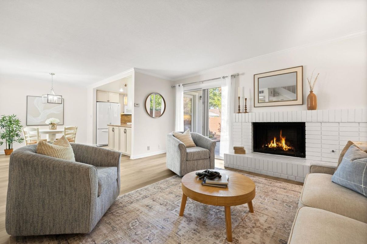 Dining room, Fireplace, Interior, Living room, Pendant Lights, Wood Texture Flooring