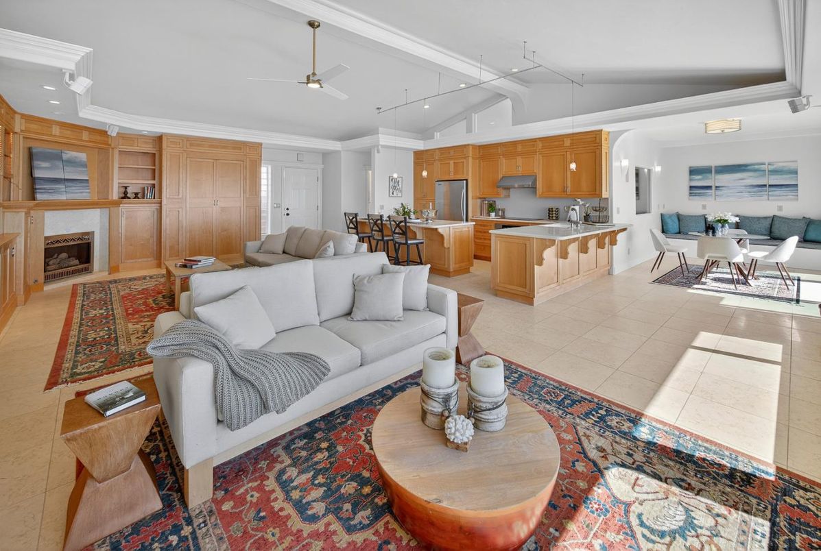 Dining room, Fireplace, Interior, Kitchen, Living room, Pendant Lights, Recessed Lighting