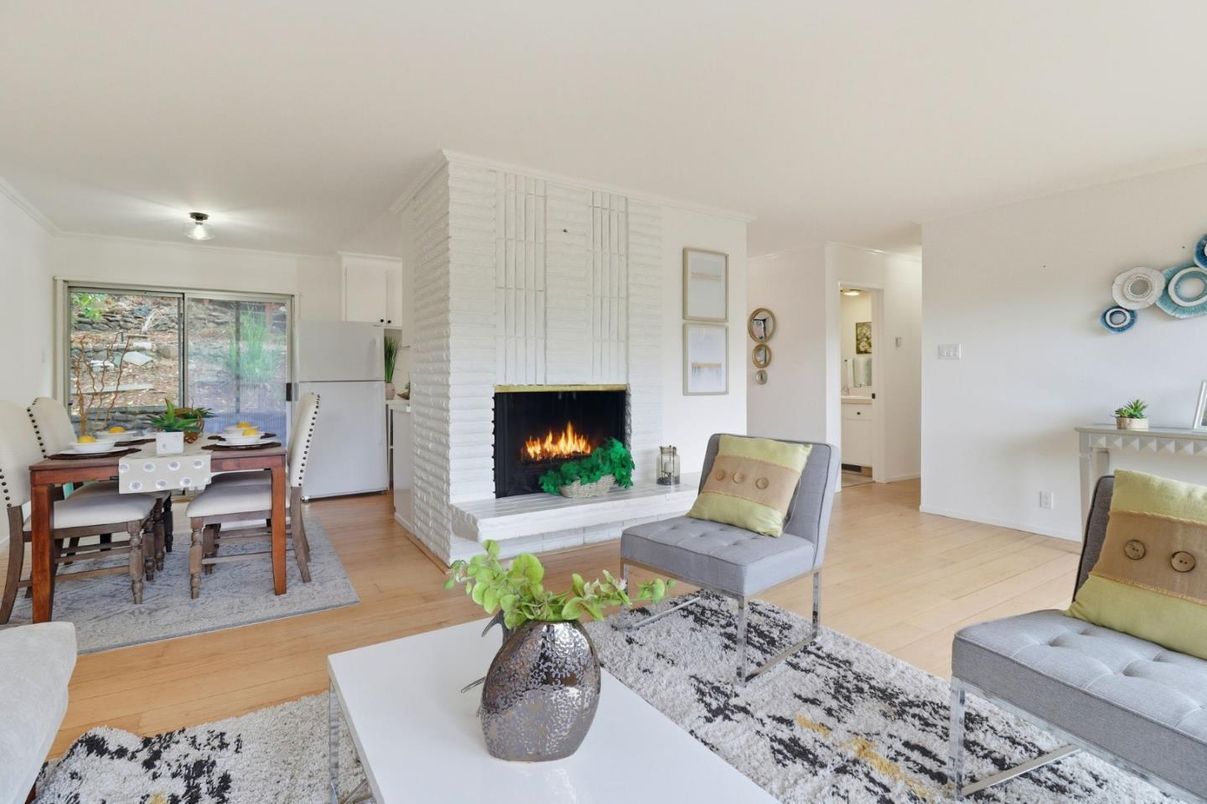 Dining room, Fireplace, Interior, Living room, Wood Texture Flooring