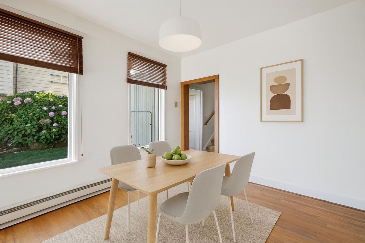 Dining room, Interior, Pendant Lights, Wood Texture Flooring