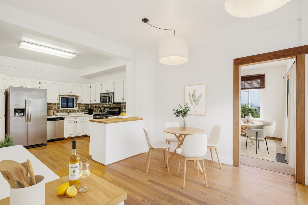 Dining room, Interior, Kitchen, Stainless Steel Appliances, Wood Texture Flooring