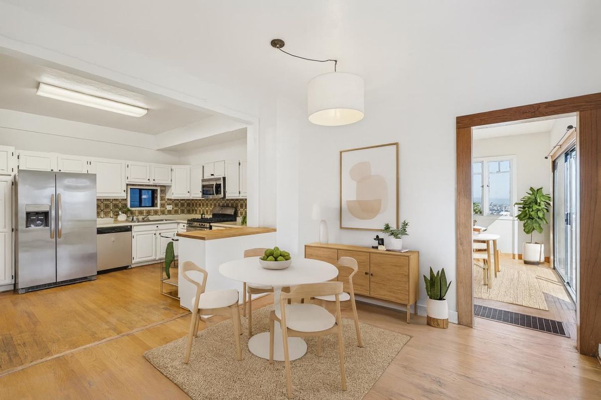 Dining room, Interior, Kitchen, Stainless Steel Appliances, Wood Texture Flooring