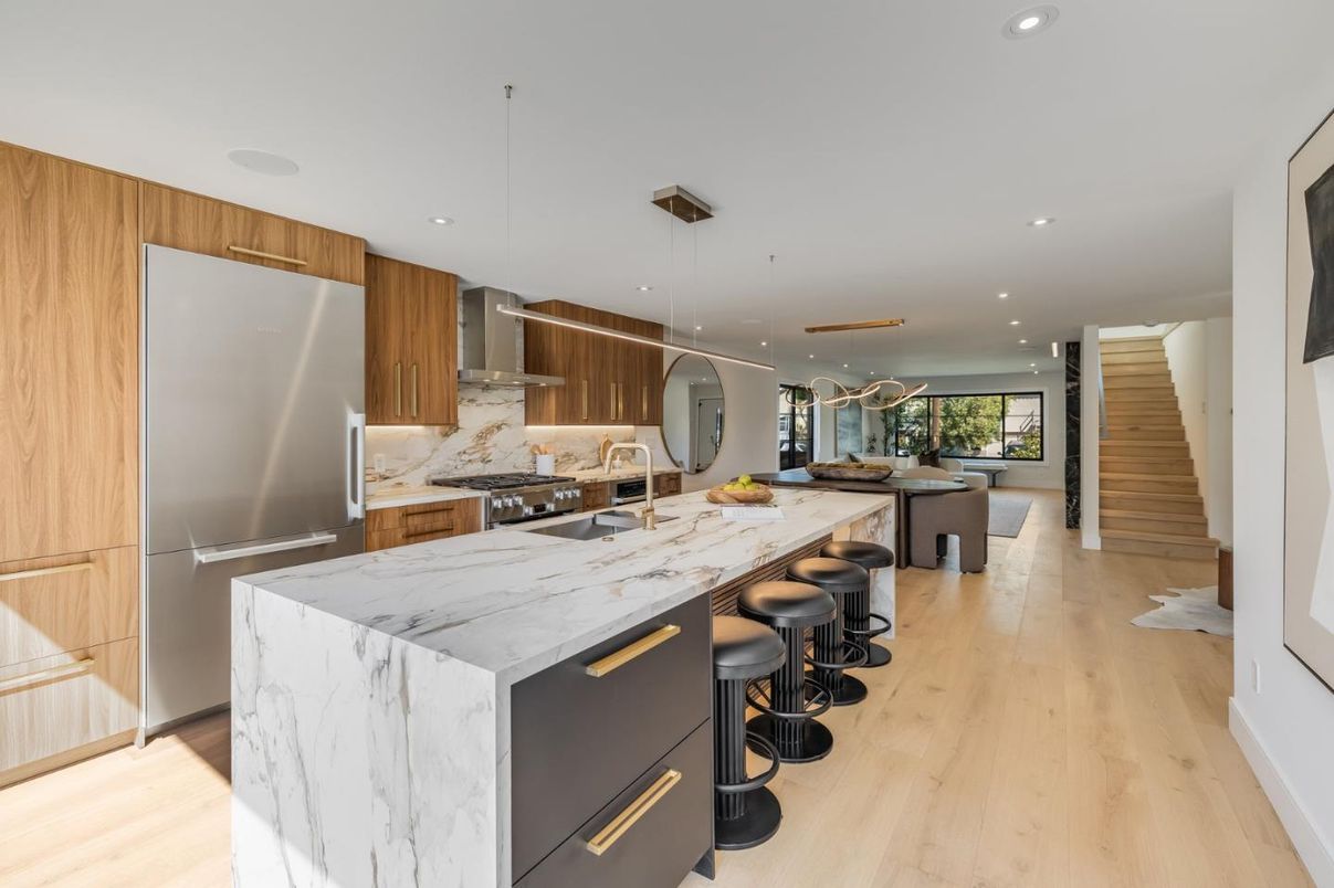 Interior, Kitchen, Pendant Lights, Recessed Lighting, Stainless Steel Appliances, Wood Texture Flooring