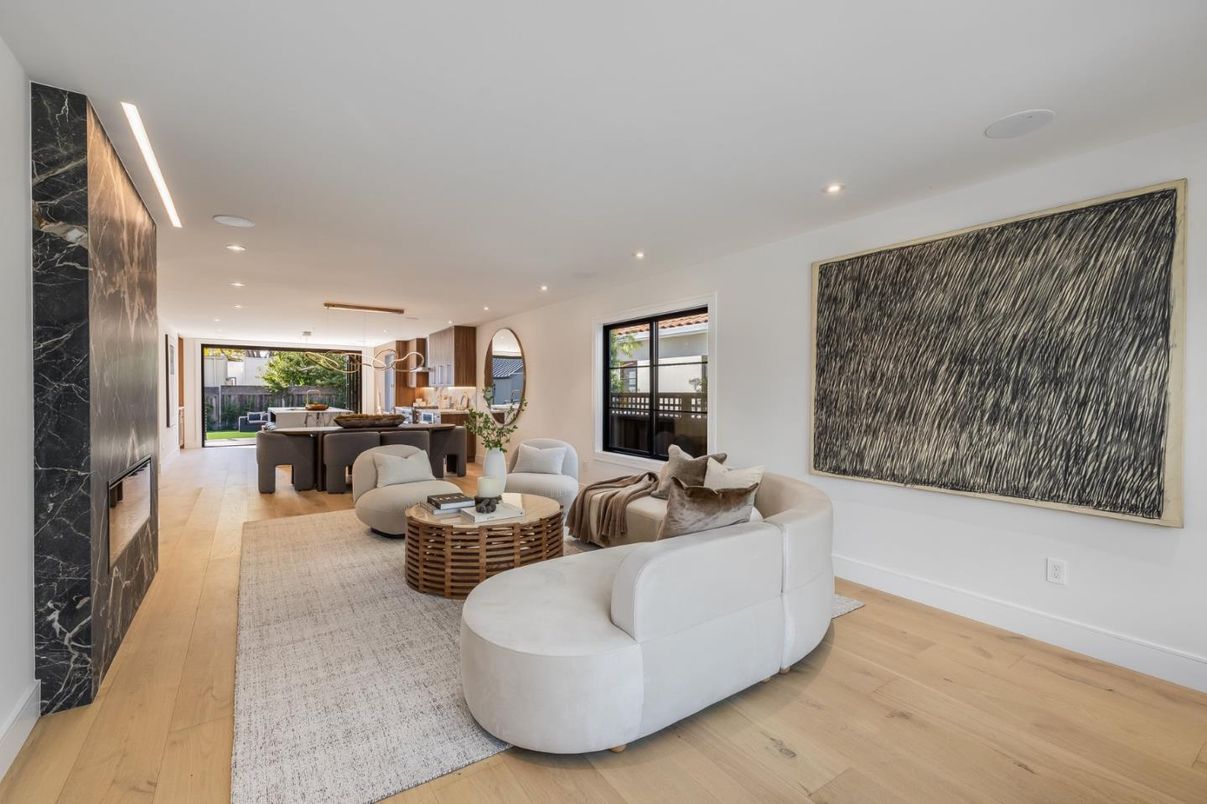 Dining room, Fireplace, Interior, Kitchen, Living room, Pendant Lights, Recessed Lighting, Wood Texture Flooring