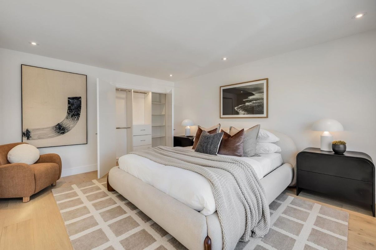 Bedroom, Interior, Recessed Lighting, Wood Texture Flooring