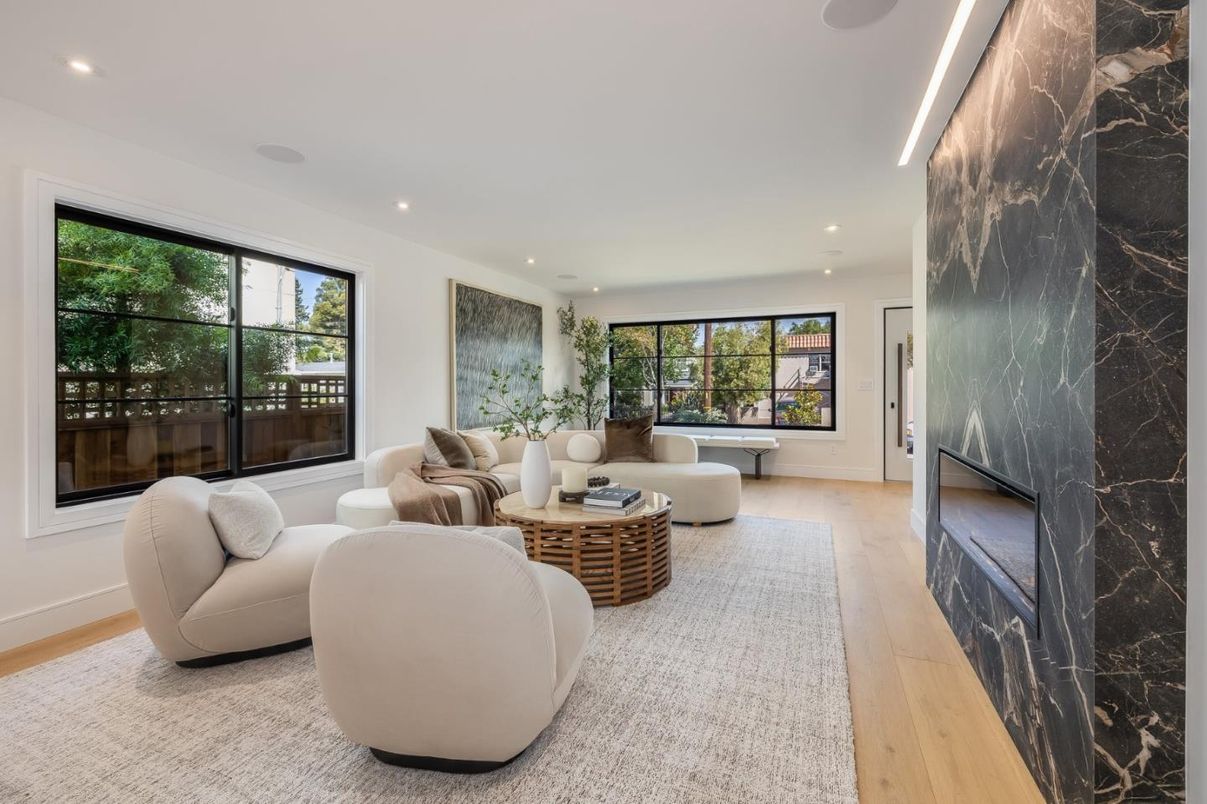 Fireplace, Interior, Living room, Marble Walls, Recessed Lighting, Wood Texture Flooring