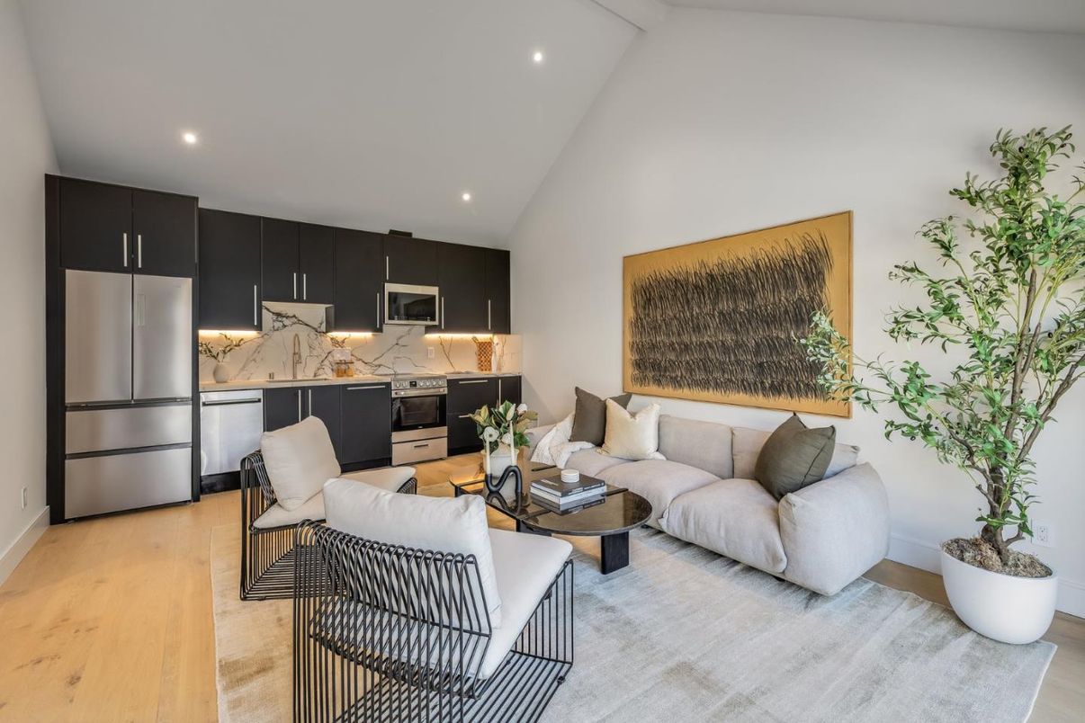 Interior, Kitchen, Living room, Marble Walls, Recessed Lighting, Stainless Steel Appliances, Wood Texture Flooring