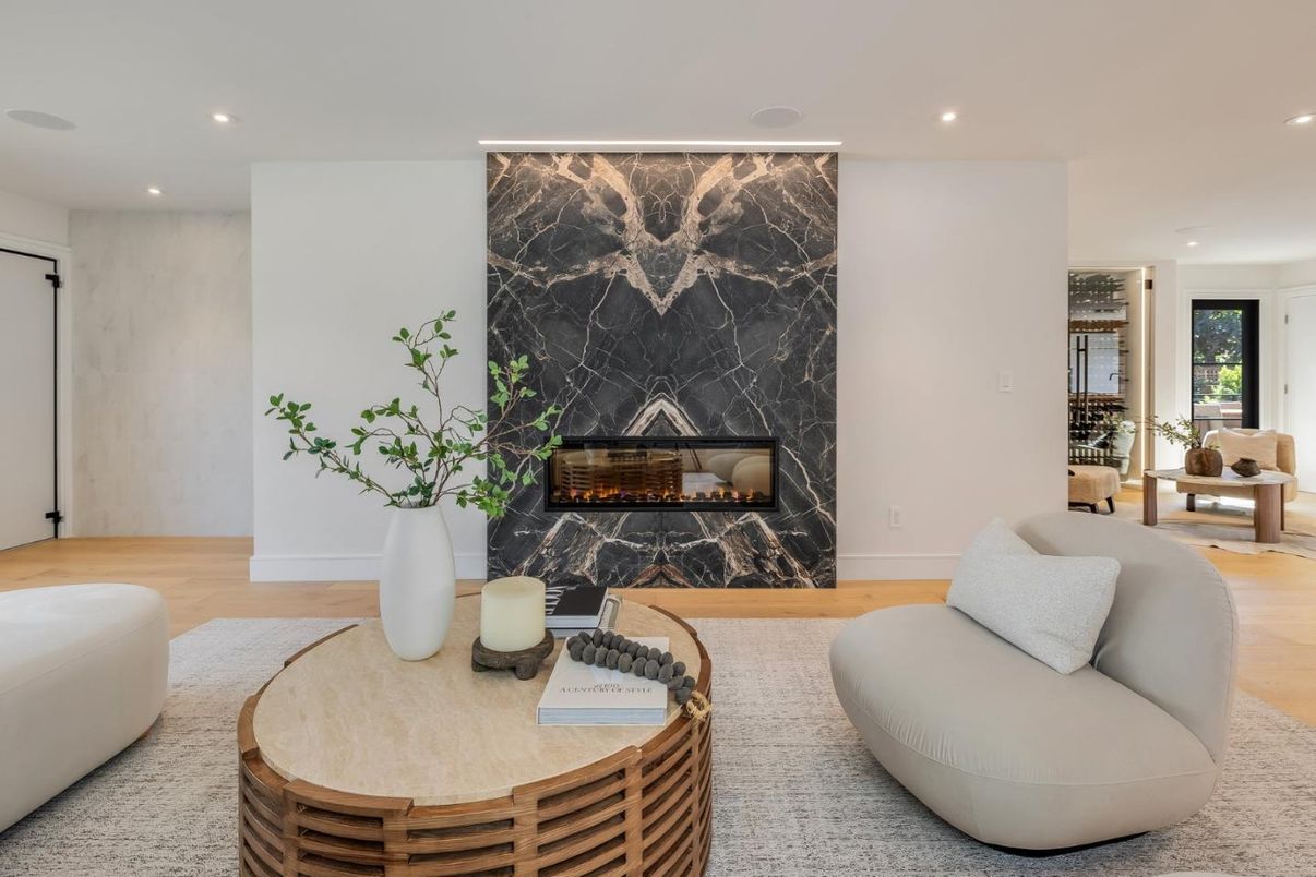 Fireplace, Interior, Living room, Recessed Lighting, Wood Texture Flooring