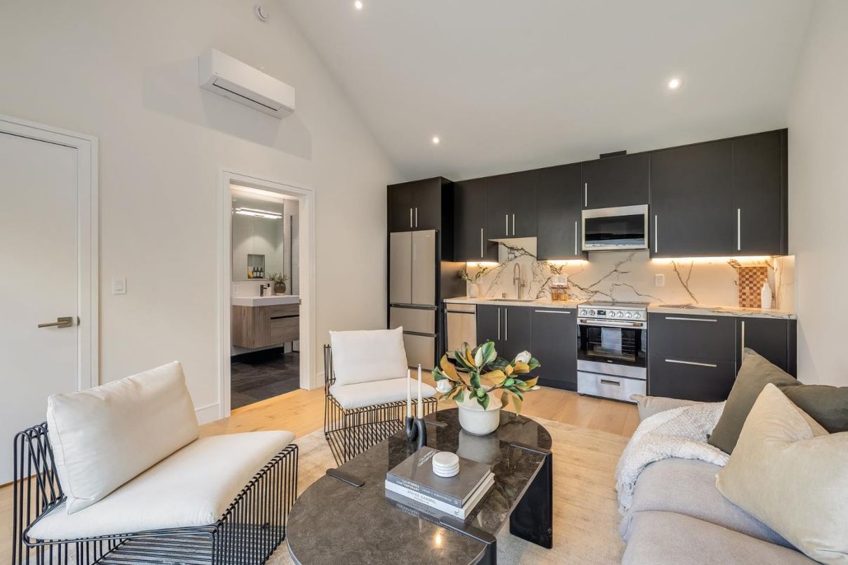 Interior, Kitchen, Living room, Marble Walls, Recessed Lighting, Wood Texture Flooring