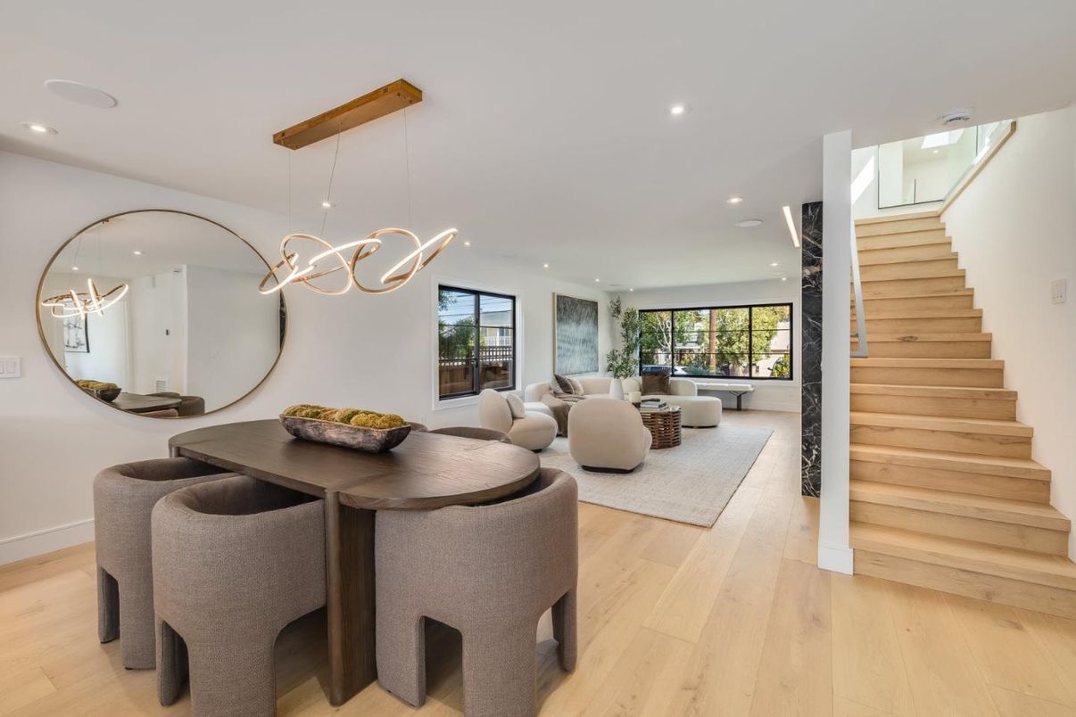 Dining room, Interior, Living room, Pendant Lights, Recessed Lighting, Wood Texture Flooring