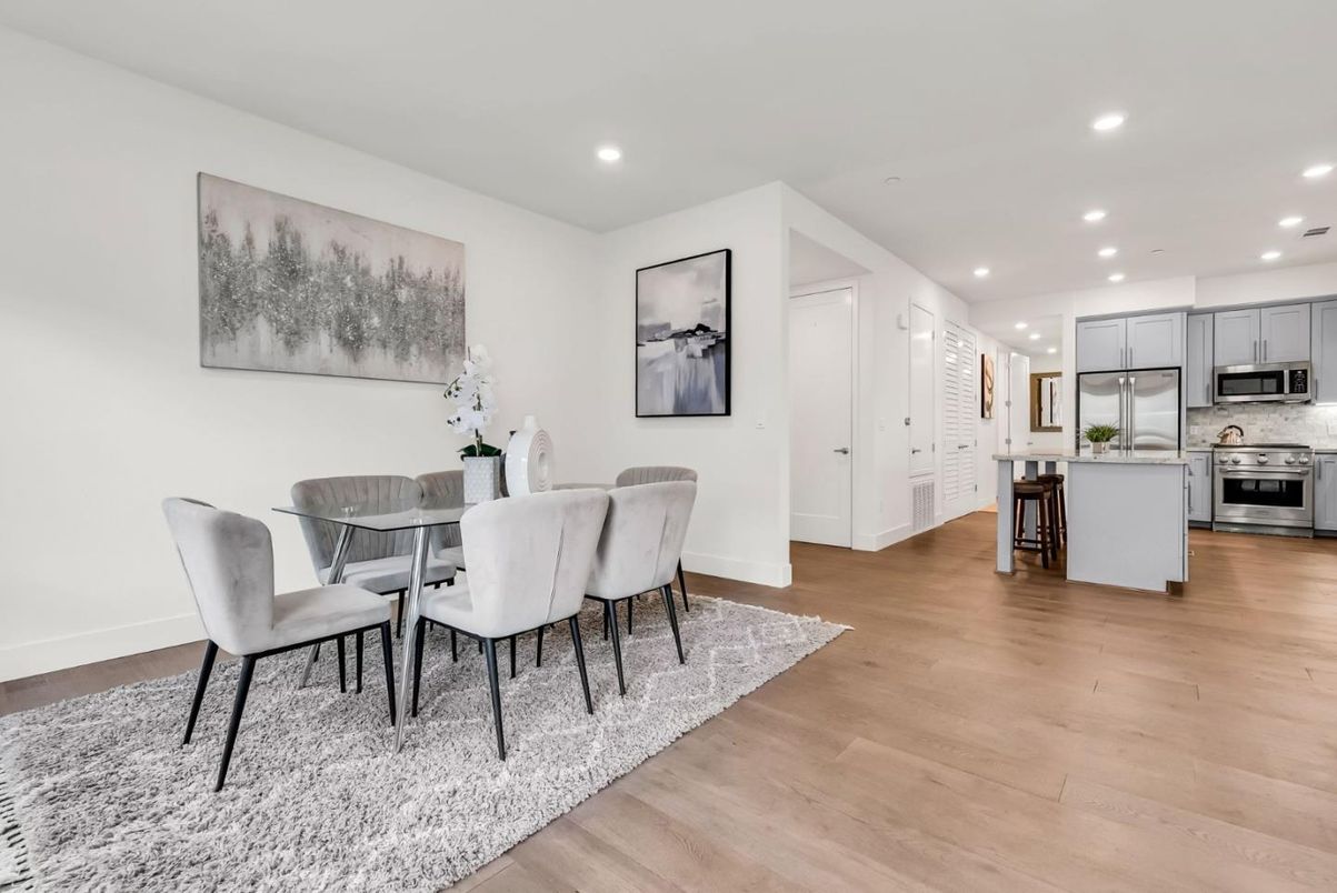 Dining room, Interior, Kitchen, Recessed Lighting, Stainless Steel Appliances, Wood Texture Flooring