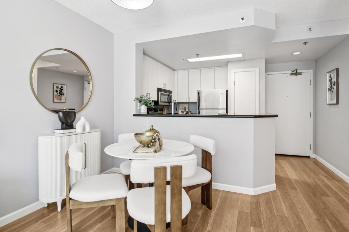 Dining room, Interior, Kitchen, Recessed Lighting, Wood Texture Flooring