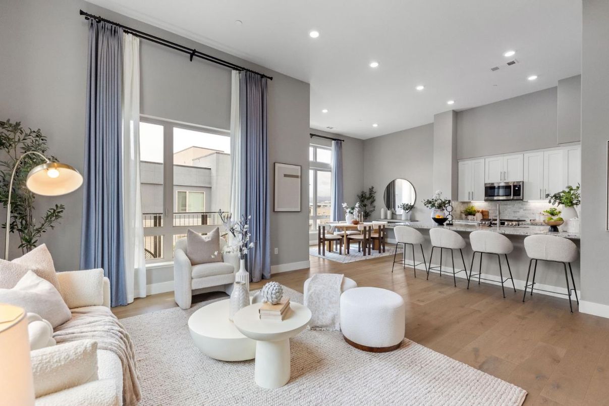 Dining room, Interior, Kitchen, Living room, Recessed Lighting, Stainless Steel Appliances, Wood Texture Flooring