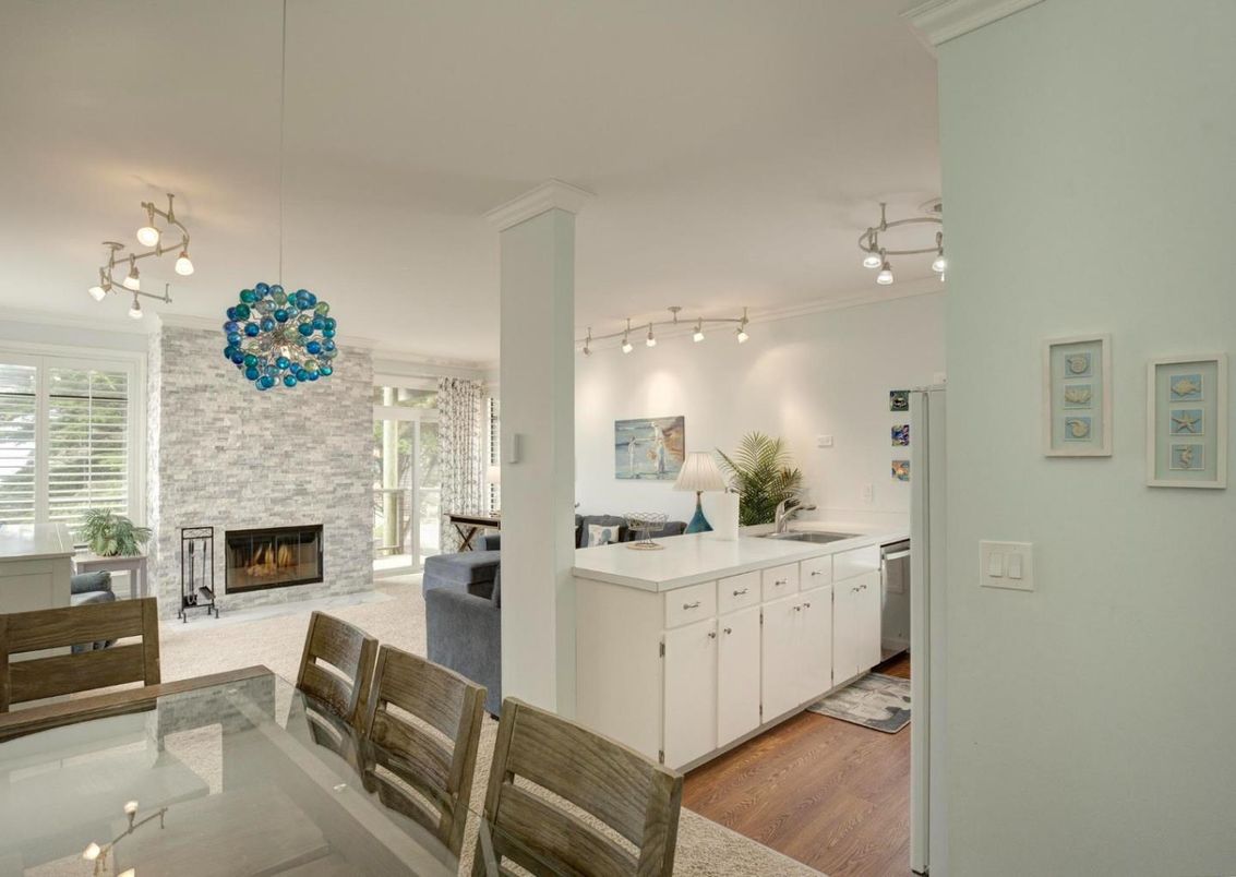 Fireplace, Interior, Kitchen, Pendant Lights, Stone Walls, Wood Texture Flooring