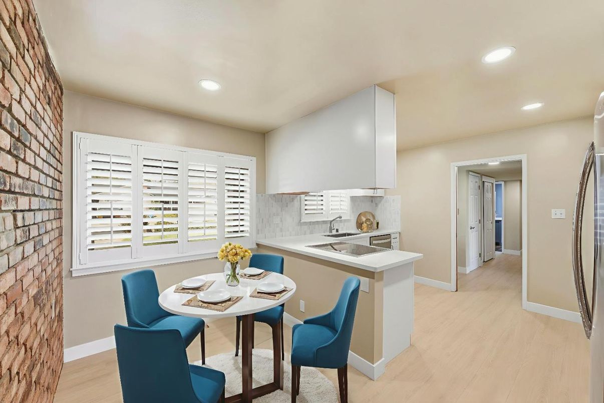 Dining room, Interior, Kitchen, Recessed Lighting, Stone Walls, Wood Texture Flooring