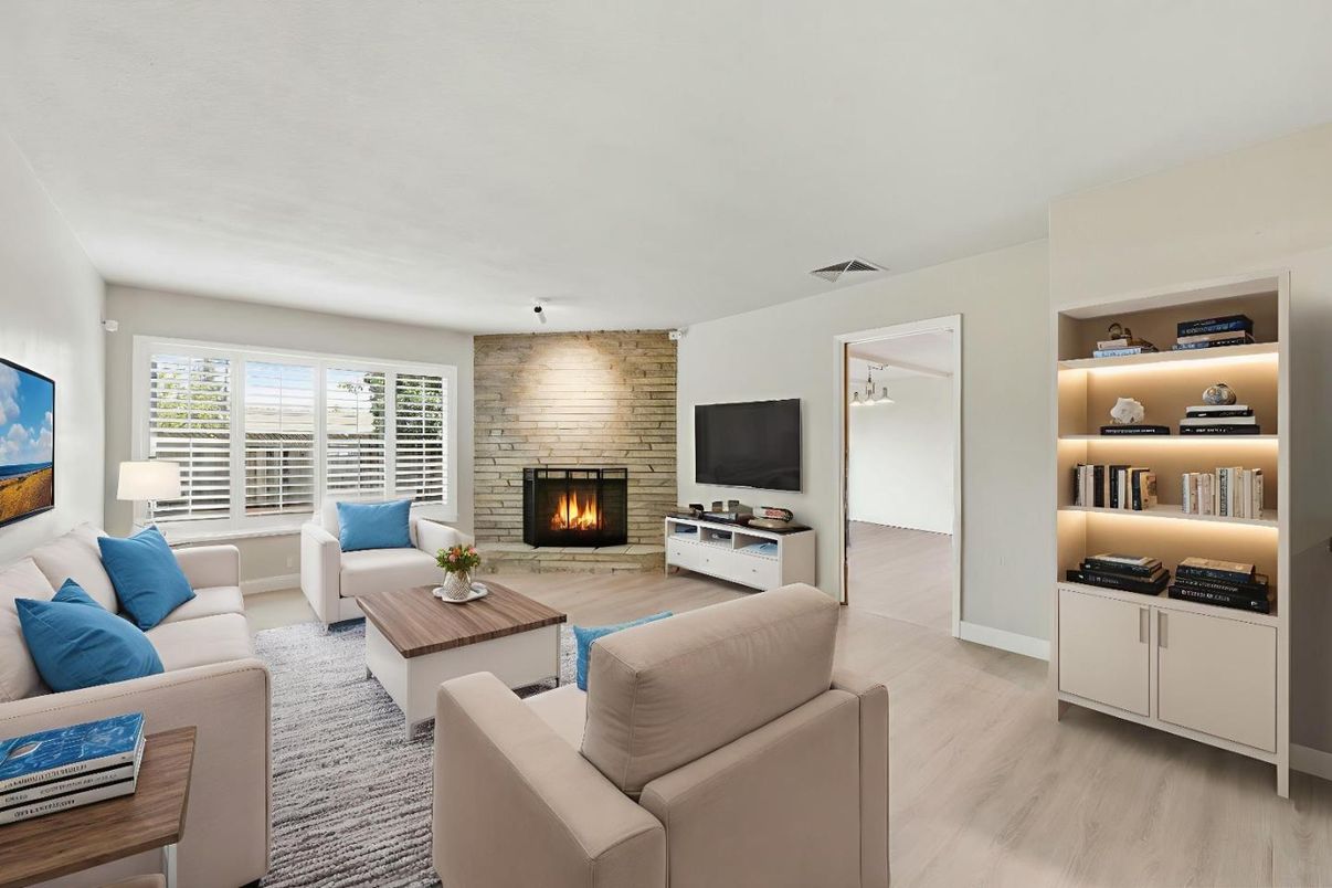Fireplace, Interior, Living room, Stone Walls, Wood Texture Flooring