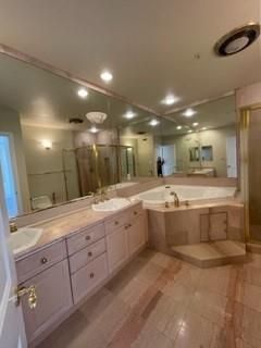 Bathroom, Dual Sink Vanities, Interior, Recessed Lighting, Wood Texture Flooring