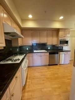 Interior, Kitchen, Recessed Lighting, Stainless Steel Appliances, Wood Texture Flooring
