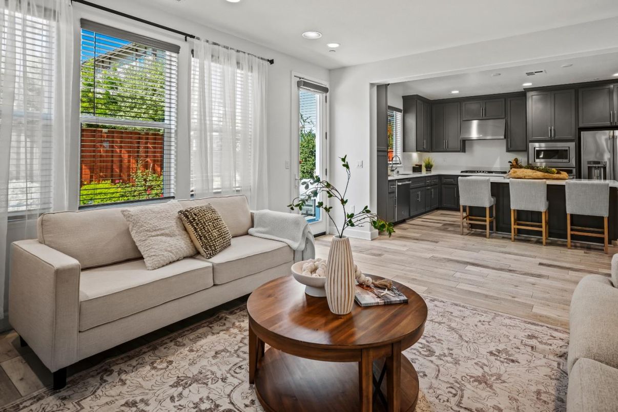 Interior, Kitchen, Living room, Recessed Lighting, Stainless Steel Appliances, Wood Texture Flooring