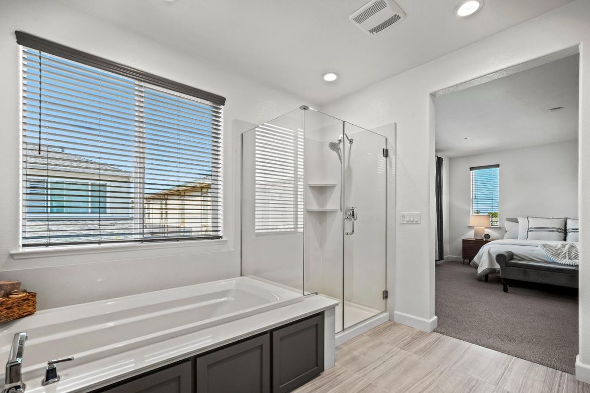 Bathroom, Bedroom, Glass Shower, Interior, Recessed Lighting, Wood Texture Flooring