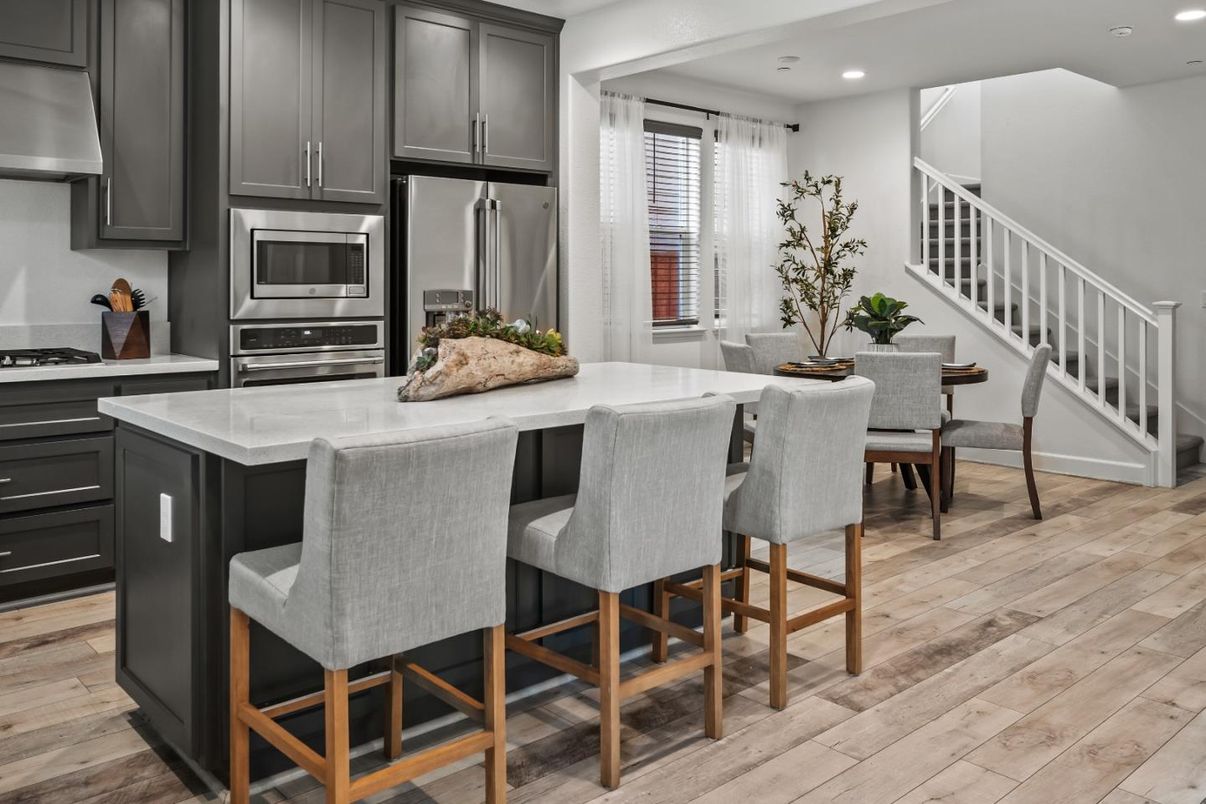 Dining room, Interior, Kitchen, Recessed Lighting, Stainless Steel Appliances, Wood Texture Flooring
