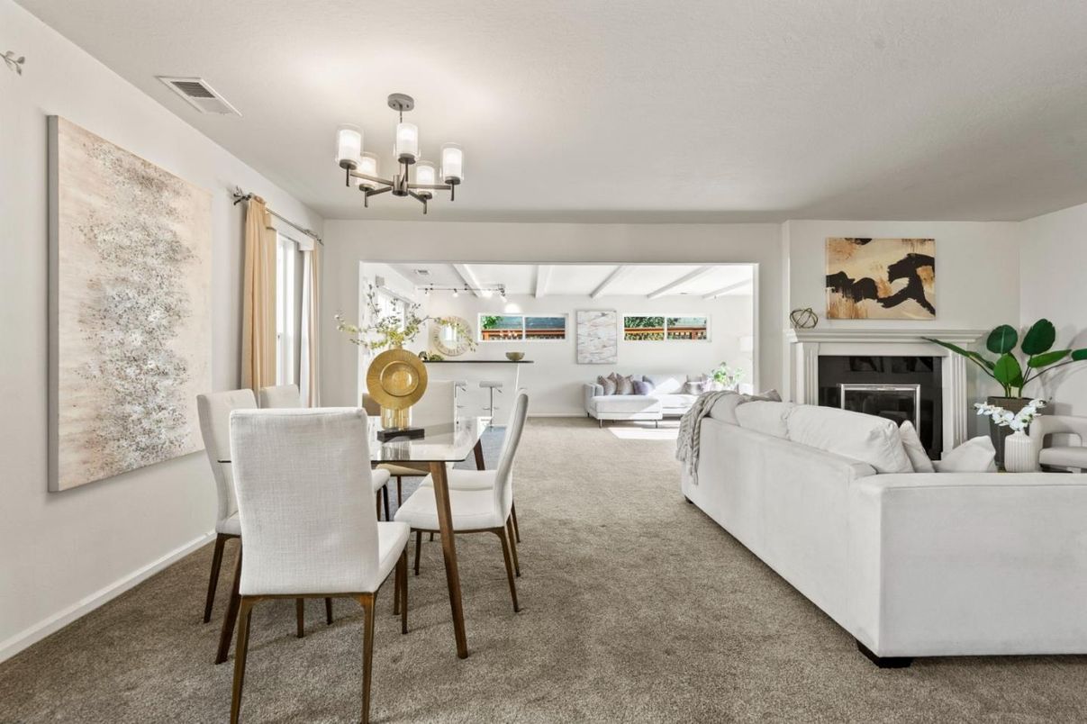 Chandelier, Dining room, Fireplace, Interior, Living room