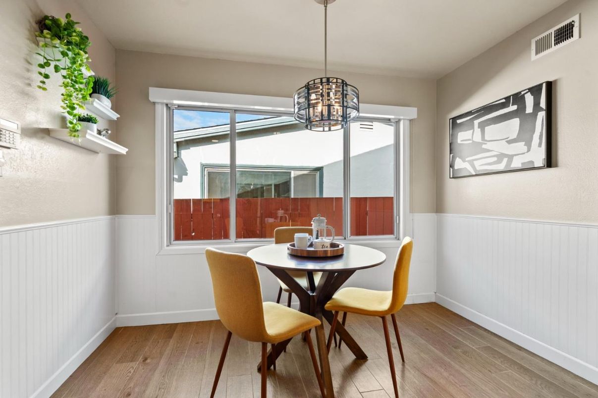 Dining room, Interior, Pendant Lights, Wood Texture Flooring