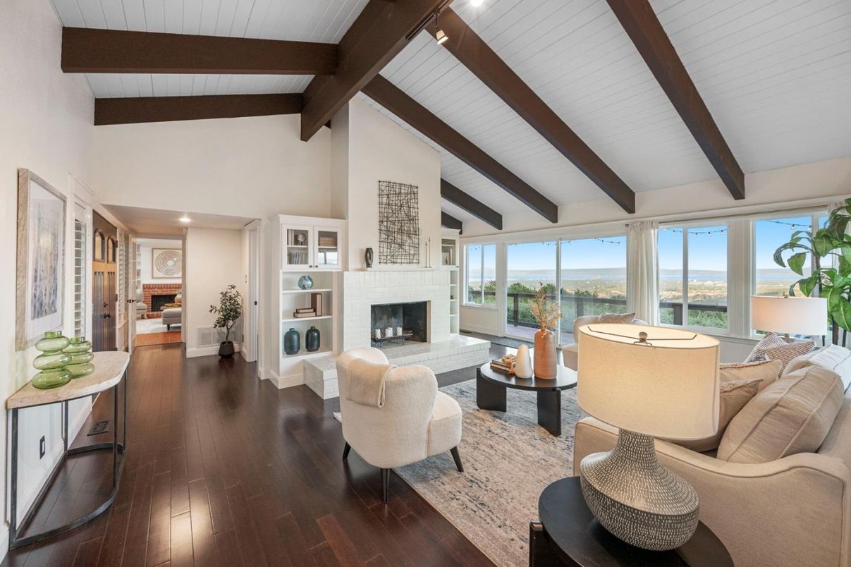 Fireplace, Interior, Living room, Recessed Lighting, Wooden Beams, Wood Texture Flooring