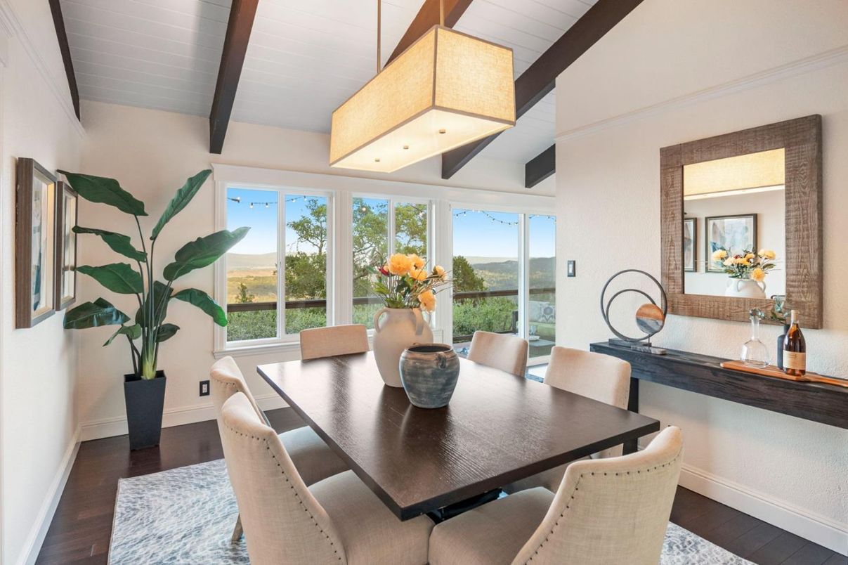 Dining room, Interior, Pendant Lights, Wooden Beams, Wood Texture Flooring