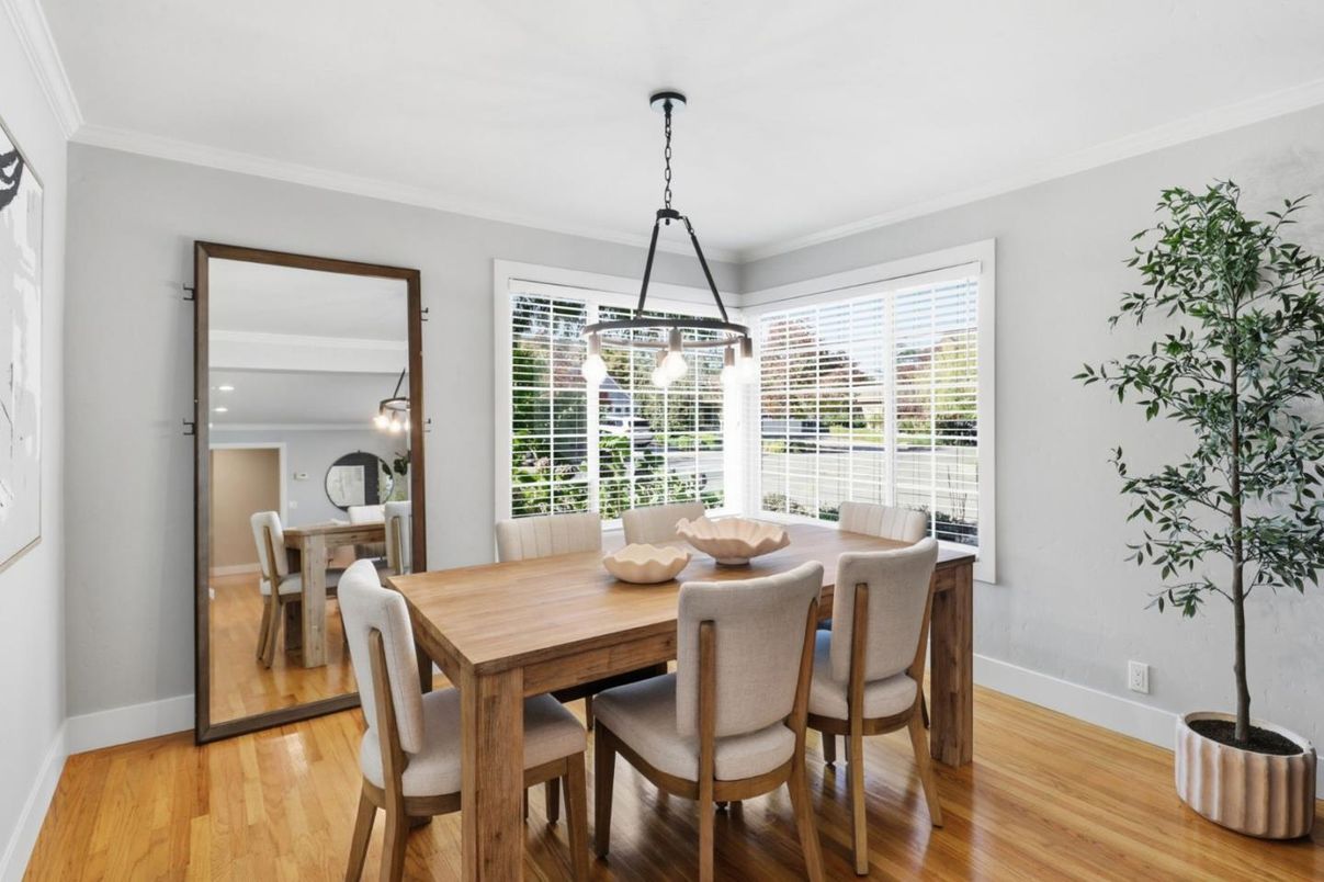 Dining room, Interior, Pendant Lights, Wood Texture Flooring