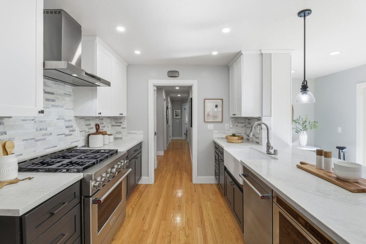 Interior, Kitchen, Pendant Lights, Recessed Lighting, Stainless Steel Appliances, Wood Texture Flooring