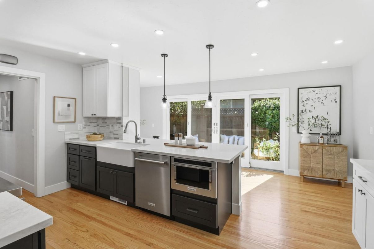 Interior, Kitchen, Pendant Lights, Recessed Lighting, Stainless Steel Appliances, Wood Texture Flooring