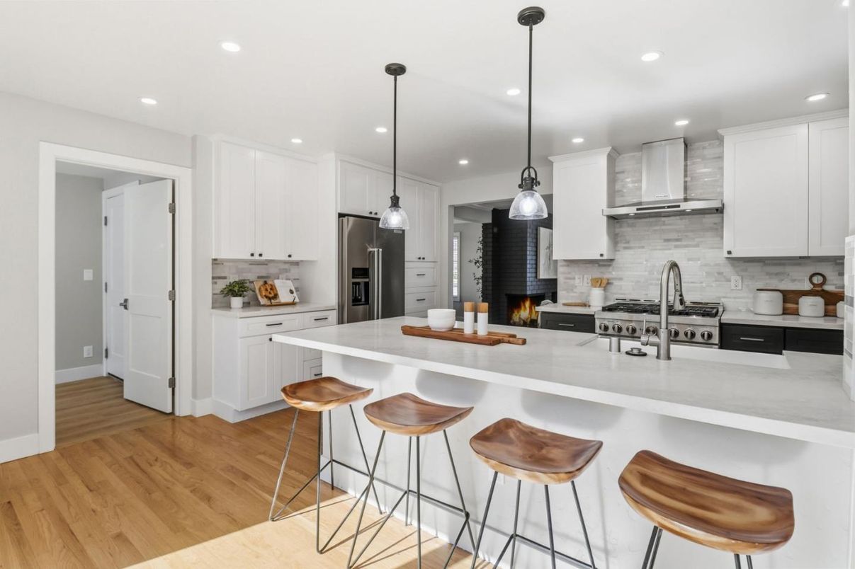 Interior, Kitchen, Pendant Lights, Recessed Lighting, Stainless Steel Appliances, Wood Texture Flooring