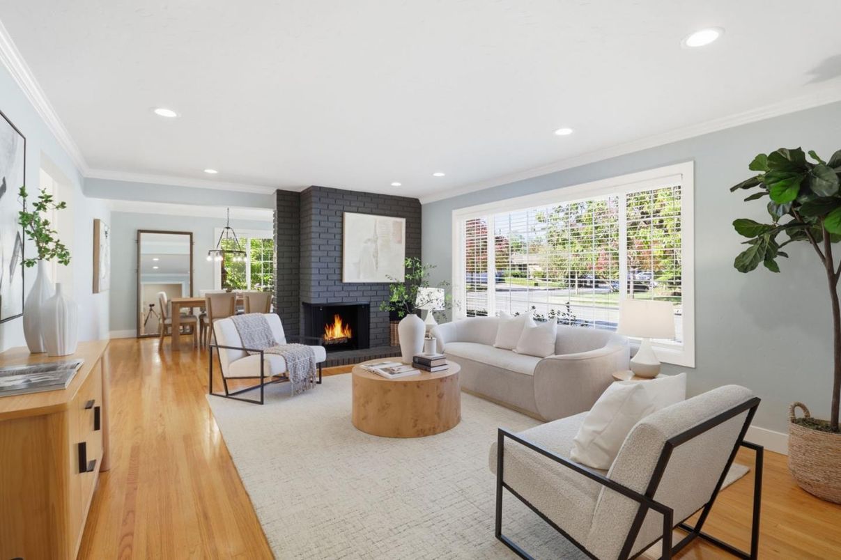 Dining room, Fireplace, Interior, Living room, Pendant Lights, Recessed Lighting, Wood Texture Flooring