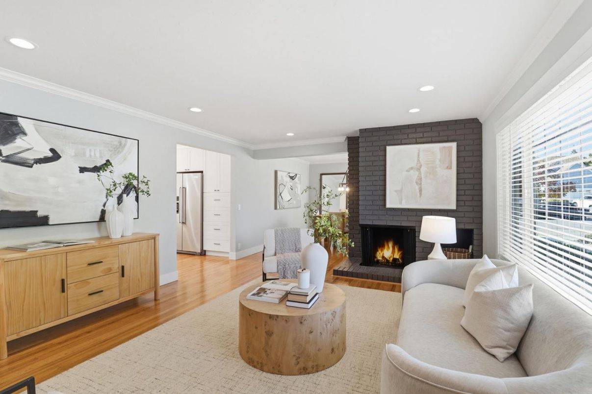 Fireplace, Interior, Living room, Recessed Lighting, Wood Texture Flooring