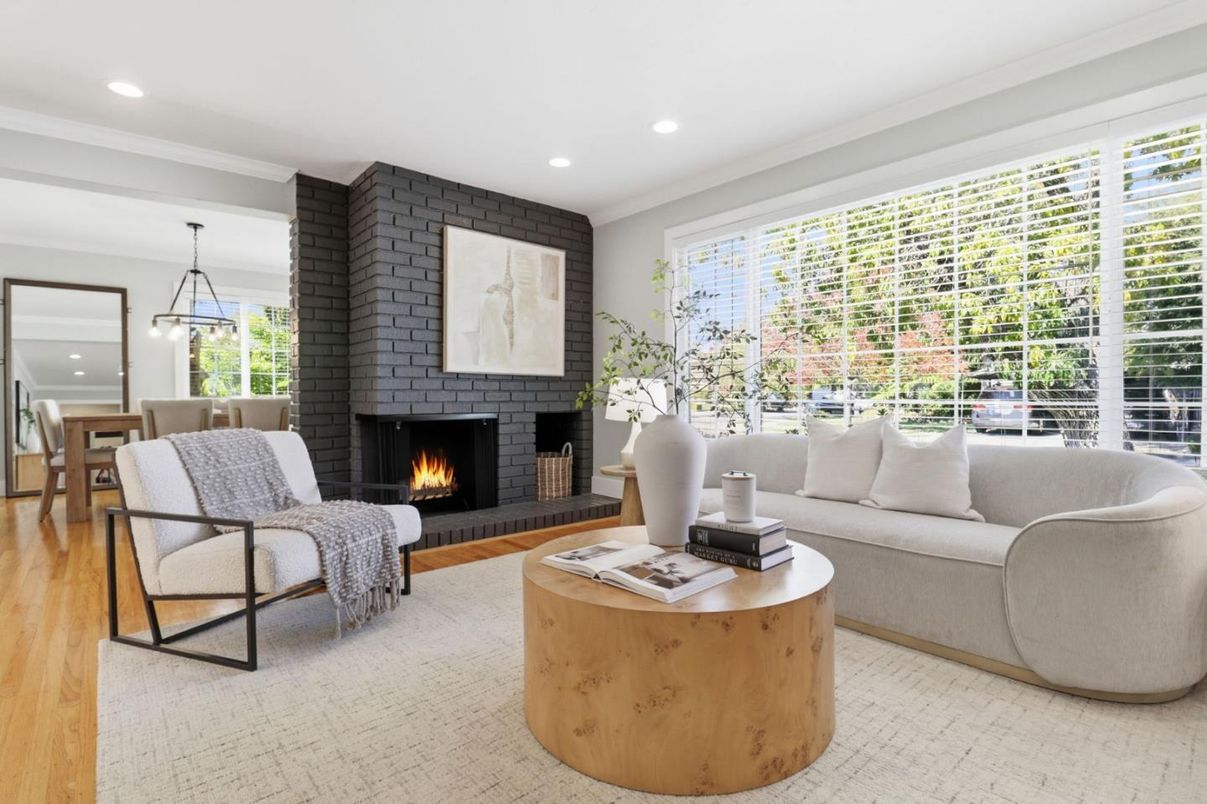 Fireplace, Interior, Living room, Pendant Lights, Recessed Lighting, Stone Walls, Wood Texture Flooring