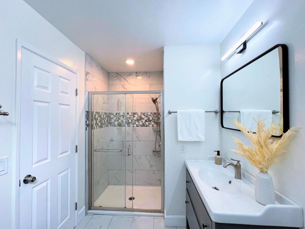 Bathroom, Glass Shower, Interior, Marble Walls, Recessed Lighting