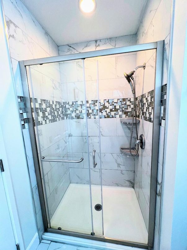 Bathroom, Glass Shower, Interior, Marble Walls, Recessed Lighting