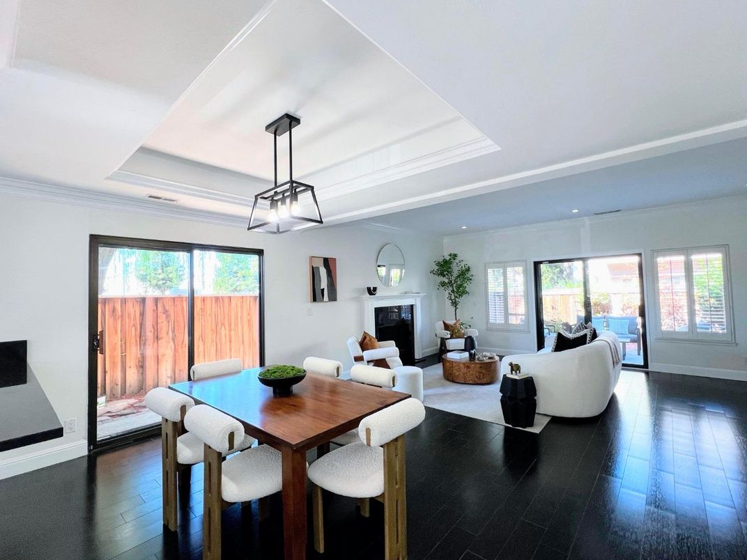 Dining room, Fireplace, Interior, Living room, Pendant Lights, Wood Texture Flooring